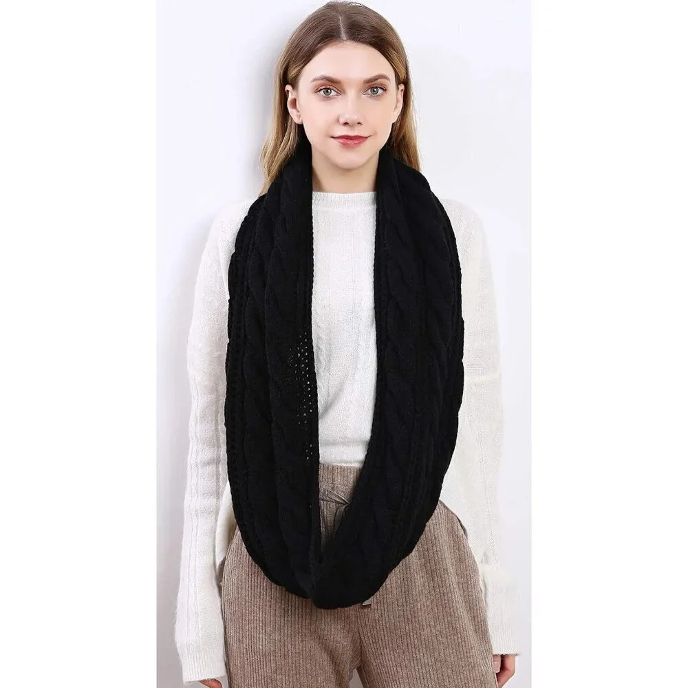 Women's Twist Black Thick Ribbed Knit Winter Infinity Circle Loop Scarf